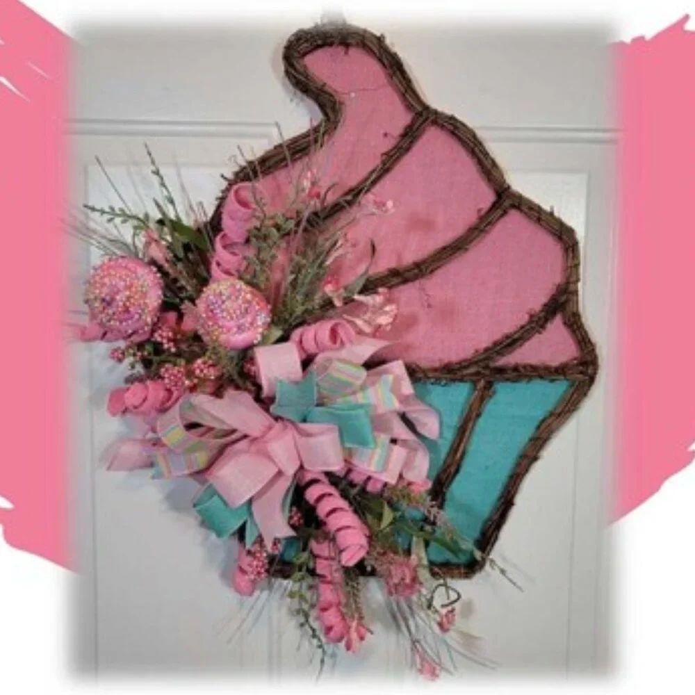 Cupcake Wreath, Pink Blue Birthday Cupcake Front Door Wreath, Hand Crafted